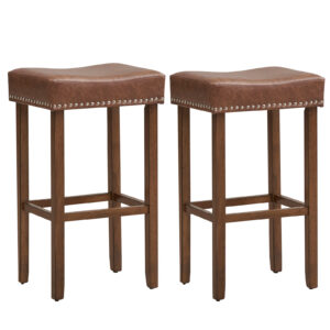 Bar Stool Set of 2 with PU Leather Upholstery Backless-Brown-74 cm