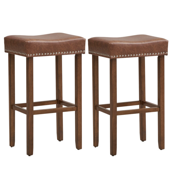 Bar Stool Set of 2 with PU Leather Upholstery Backless-Brown-74 cm