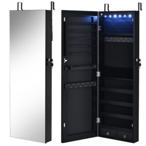 6 LED Lights Wall Mounted Jewelry Armoire with Full Length Mirror-Black