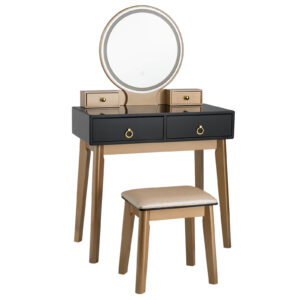 Modern Dressing Table with LED Mirror and Cushioned Stool-Black