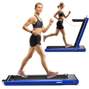 2-in-1 Folding Under Desk Treadmill with Dual LED Display-Blue