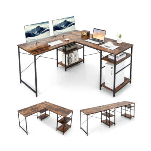 Wooden Industrial L-Shaped Desk with Storage Shelves-Rustic Brown