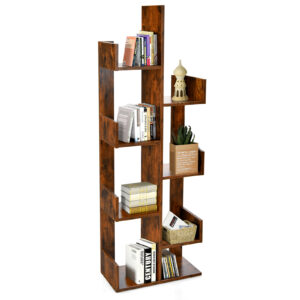 Tree-Shaped Bookshelf with 8 Storage Shelves-Rustic Brown
