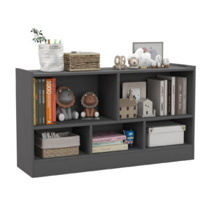 2-Tier Wooden Kids Bookcase with 5 Compartments for Playroom Study-Grey