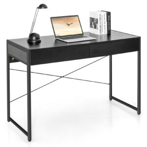 112 x 48 x 76cm Wooden Study Computer Desk with 2 Drawers-Black