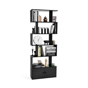 Industrial S-Shaped 5-tier Bookcase with Cabinet-Black