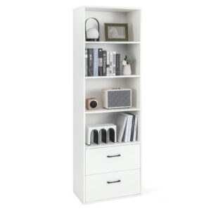 6-Tier Modern Wooden Bookshelf with 4 Open Shelves and 2 Drawers-White