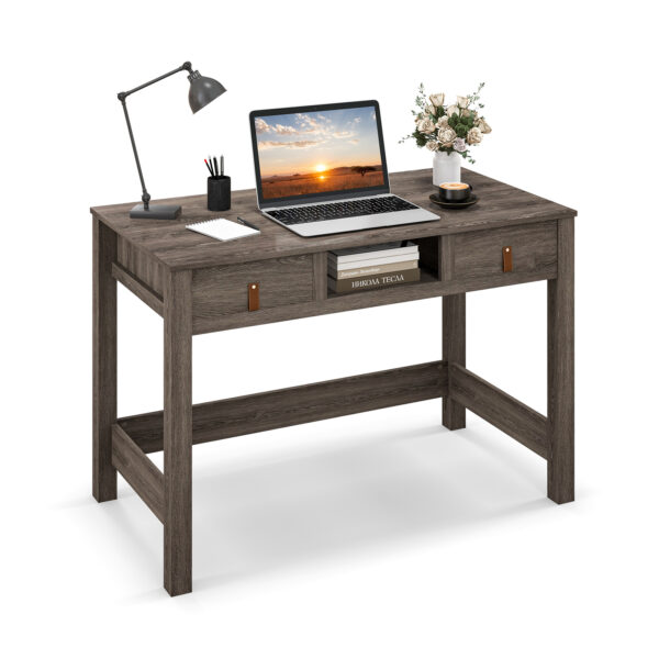 Wooden Computer Desk with Drawers Cubby and Anti-toppling Device-Oak