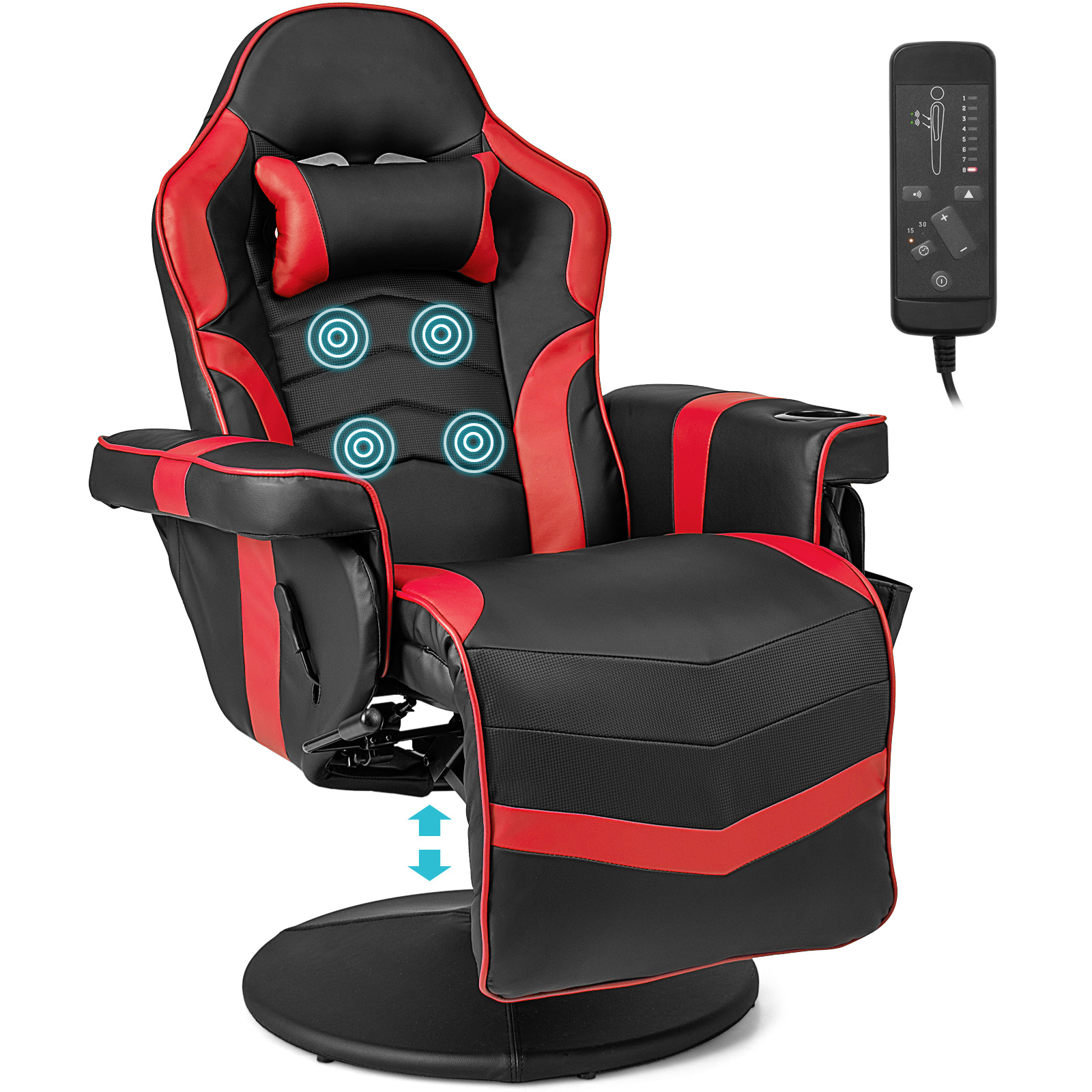 Electric Massage Gaming Chair with Cup Holder and Side Pouch-Red