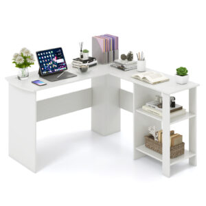 L-shaped Computer Desk with 2 Storage Shelves-White