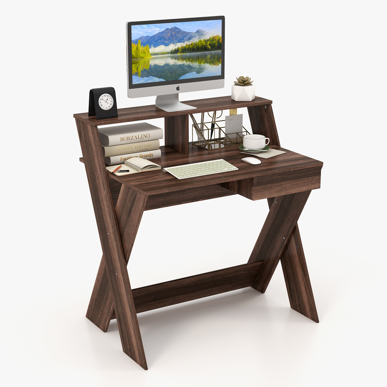 Computer Desk with Storage Drawer and Monitor Stand Riser-Walnut