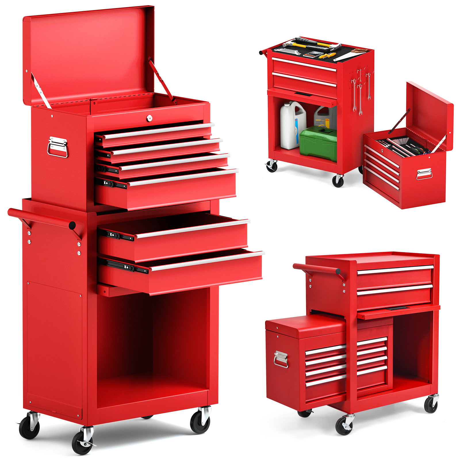 Detachable Tool Storage Cabinet with 4 Hooks and Wheels-Red
