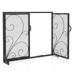 Double Door Fireplace Screen Flat Fire Guard with Magnetic Panels-Black