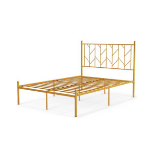 Single/Double Metal Platform Bed Frame with Headboard Black Golden-Double Size
