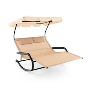 Patio 2-Person Rocking Sun Lounger with Sun Shade and Wheels-Beige