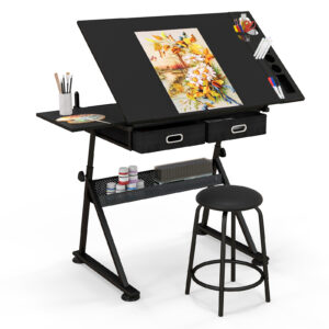 Drawing Table and Stool Set with Tilting Tabletop and Drawers-Black