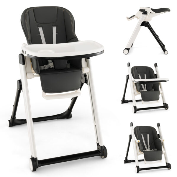 Foldable High Chair with Recline Backrest and Adjustable Height-Dark Grey