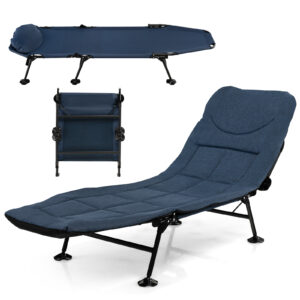 Folding Camping Cot with Detachable Mattress and 6-Position Adjustable Backrest-Navy