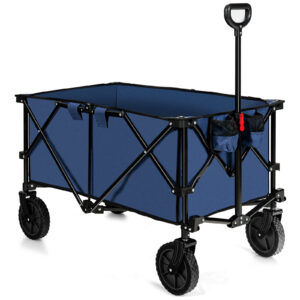 Folding Camping Wagon with Cup Holders and Adjustable Handle-Navy