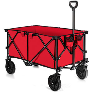 Folding Camping Wagon with Cup Holders and Adjustable Handle-Red