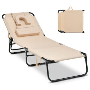 Folding Chaise Lounge Chair with Face Hole and Removable Pillows-Beige