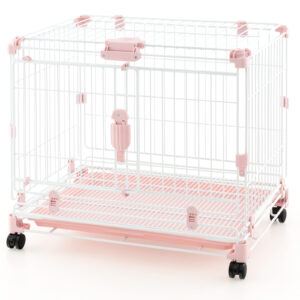 Folding Dog Kennel with Double Lockable Door and Wheels