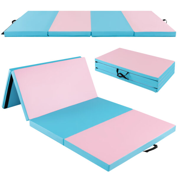 Folding Gymnastics Mat with Carry Handles Hook and Loop Fasteners-Pink &amp; Blue