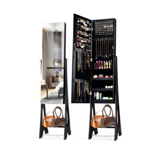 Freestanding Mirror Jewelry Cabinet with Full Length Frameless Mirror-Black