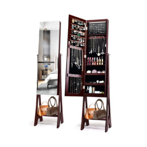 Freestanding Mirror Jewelry Cabinet with Full Length Frameless Mirror-Coffee