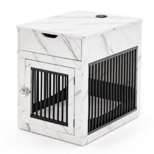 Furniture Style Dog Crate with Wired and Wireless Charging-White