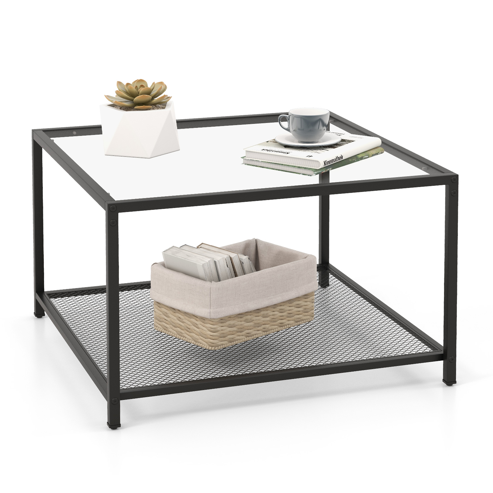 Modern 2-Tier Square Glass Coffee Table with Storage-Black
