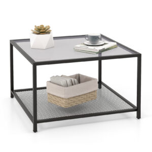 Modern 2-Tier Square Glass Coffee Table with Storage-Grey