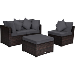 4 Pieces Outdoor Rattan  Conversation Set with Removable Cushions and Pillows-Grey
