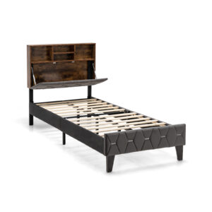 Single/Double Bed Frame with Storage Headboard and Slat Support-Single Size
