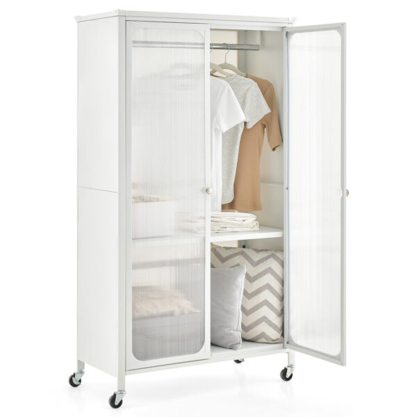 Mobile Metal Wardrobe Armoire Closet with Hanging Rod and Adjustable Shelf-White
