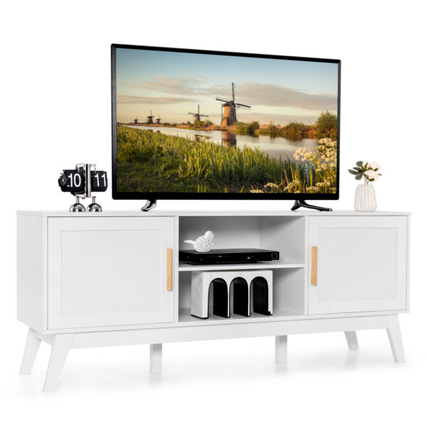 Rattan TV Stand for TVs up to 65 Inch with Adjustable Shelf-White