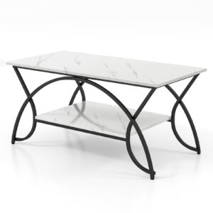 2-Tier Faux Marble Coffee Table with Golden Metal Frame-Marble White