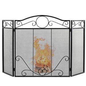 3-Panel Folding Metal Fireplace Screen with Leaves Decoration