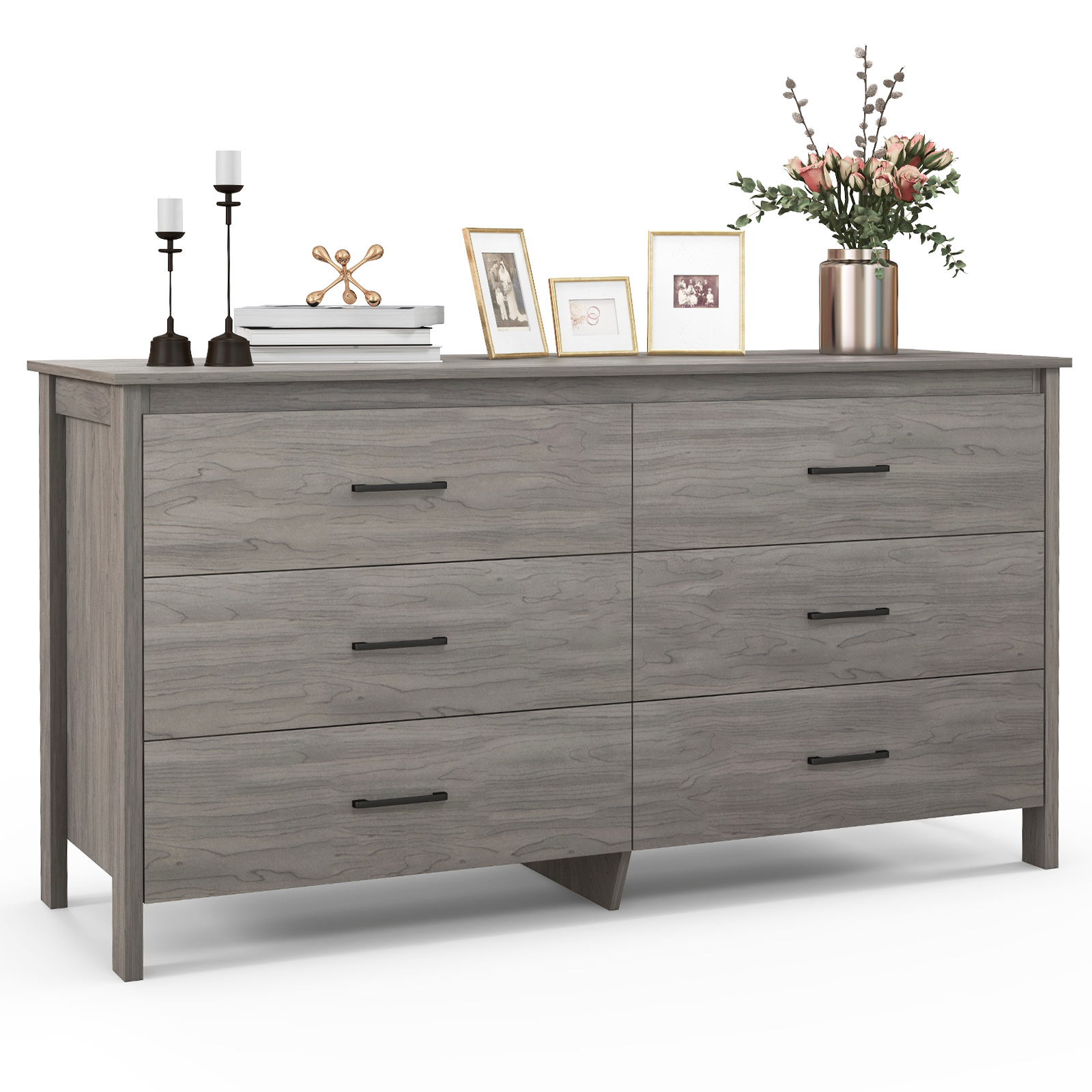 6-Drawer Dresser Cabinet with Center Support and Anti-tip Kit-Grey