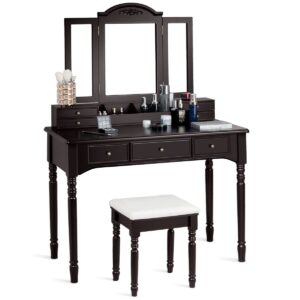 Detachable Dressing Table and Stool Set with Tri-Folding Mirror-Brown