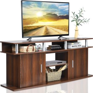 Wooden TV Cabinet Media Entertainment Center with 2 Doors and Open Shelves-Brown