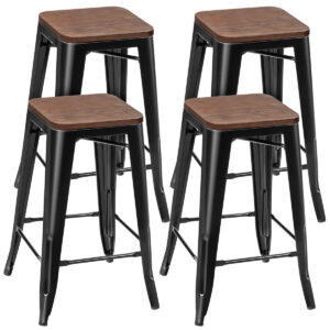 Set of 4 64.5cm Counter Height Bar Stool with Wooden Seat-Black