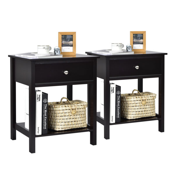 2 Pieces Wooden Nightstand with Drawer and Storage Shelf-Black