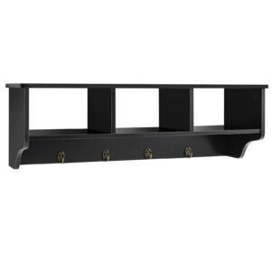 31-Inch Floating Storage Shelf with 3 Open Compartments and 4 Hanging Hooks-Black