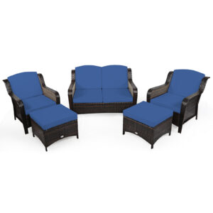 5 Pieces Patio Furniture Set with Removable Cushions and Loveseat-Navy