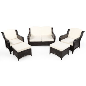 5 Pieces Patio Furniture Set with Removable Cushions and Loveseat-White