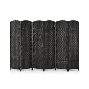 6 Panel Folding Room Divider with Hand-Woven Wicker for Home Office-Black