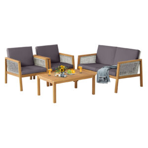 4 Pieces Wicker Patio Furniture Set with Loveseat Coffee Table and Chairs-Grey