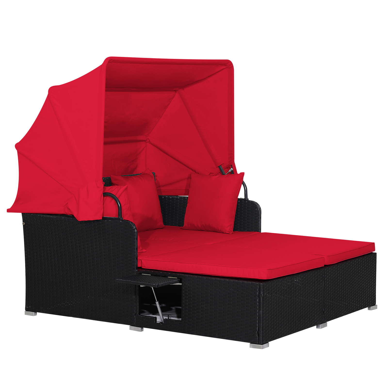 Garden Rattan Daybed with Retractable Canopy and Cushions-Red