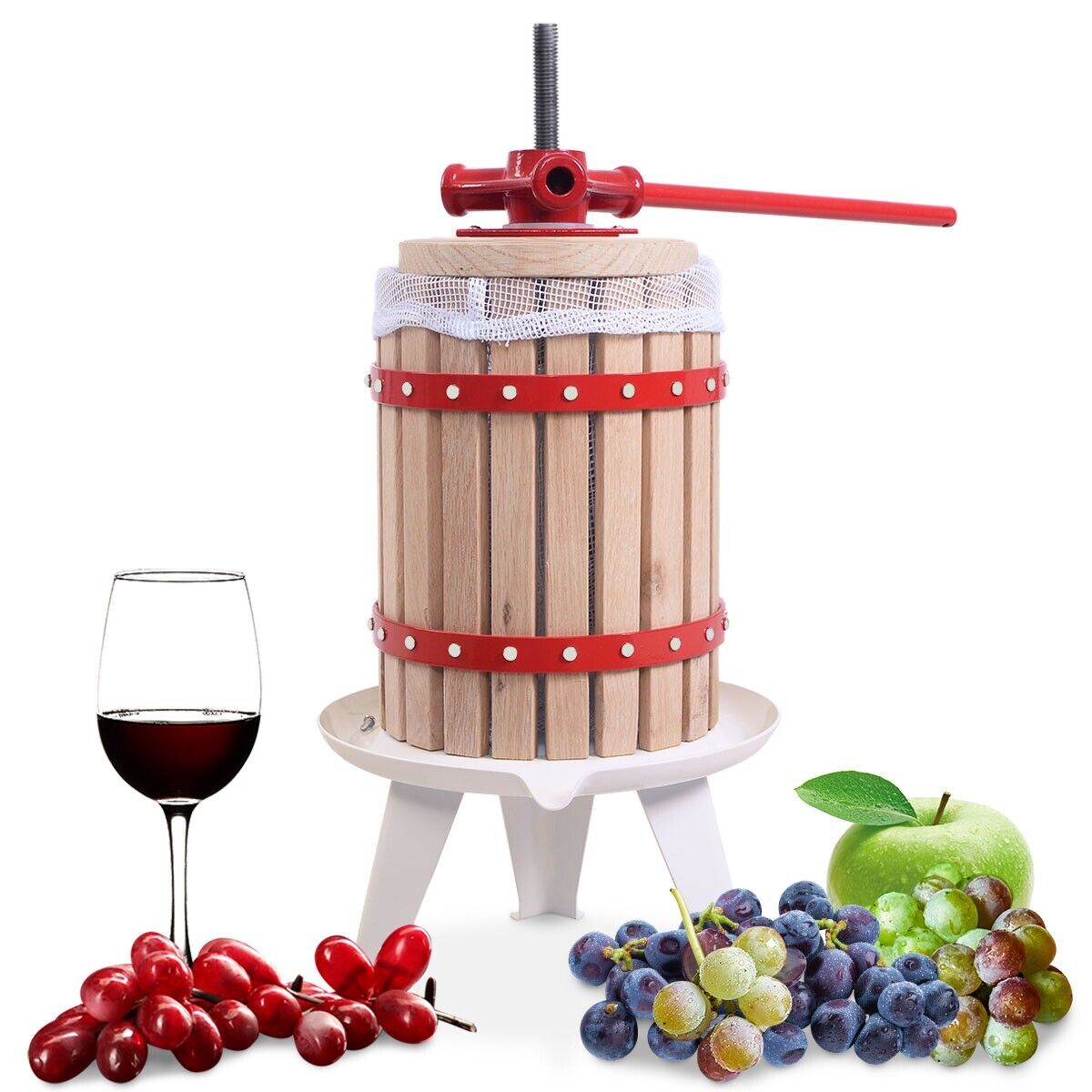 6L Fruit Wine Press with Solid Oak Wood Basket and Steel Legs